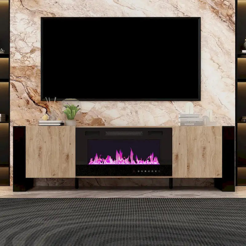Meuble TV effet bois avec cheminée électrique optionnelle : Gestion des câbles