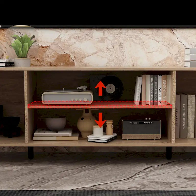 Meuble TV effet bois avec cheminée électrique optionnelle : Gestion des câbles