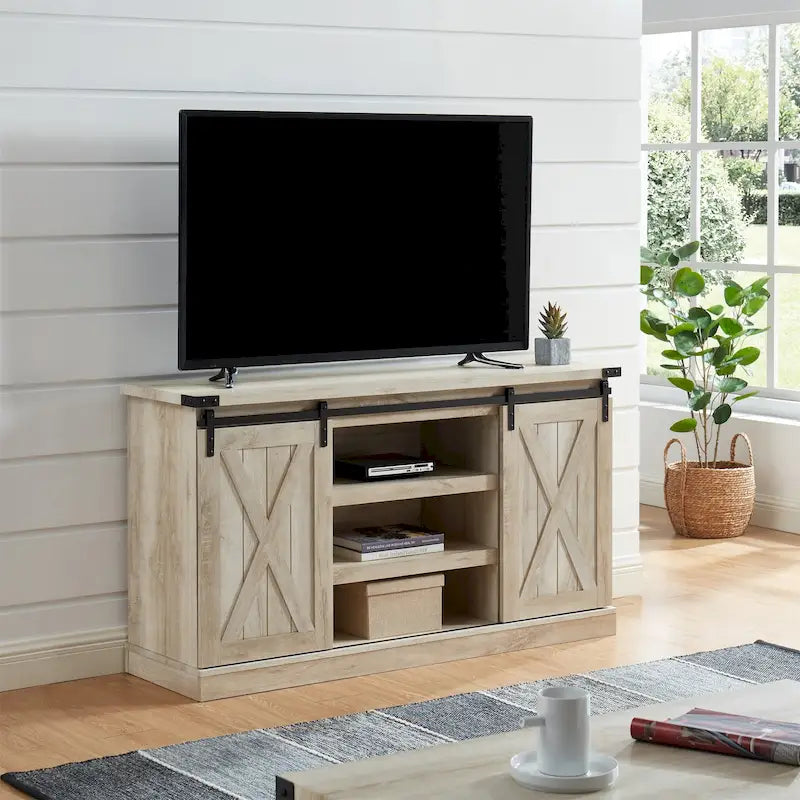 Meuble TV 54 pouces pour téléviseurs jusqu'à 60 pouces avec portes coulissantes style ferme