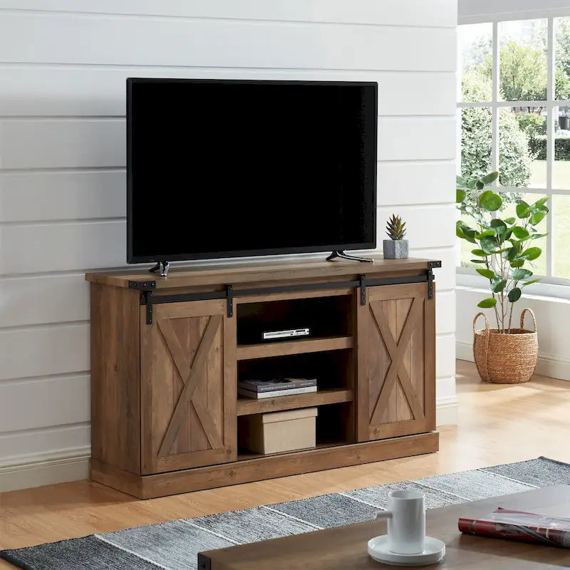 Meuble TV 54 pouces pour téléviseurs jusqu'à 60 pouces avec portes coulissantes style ferme