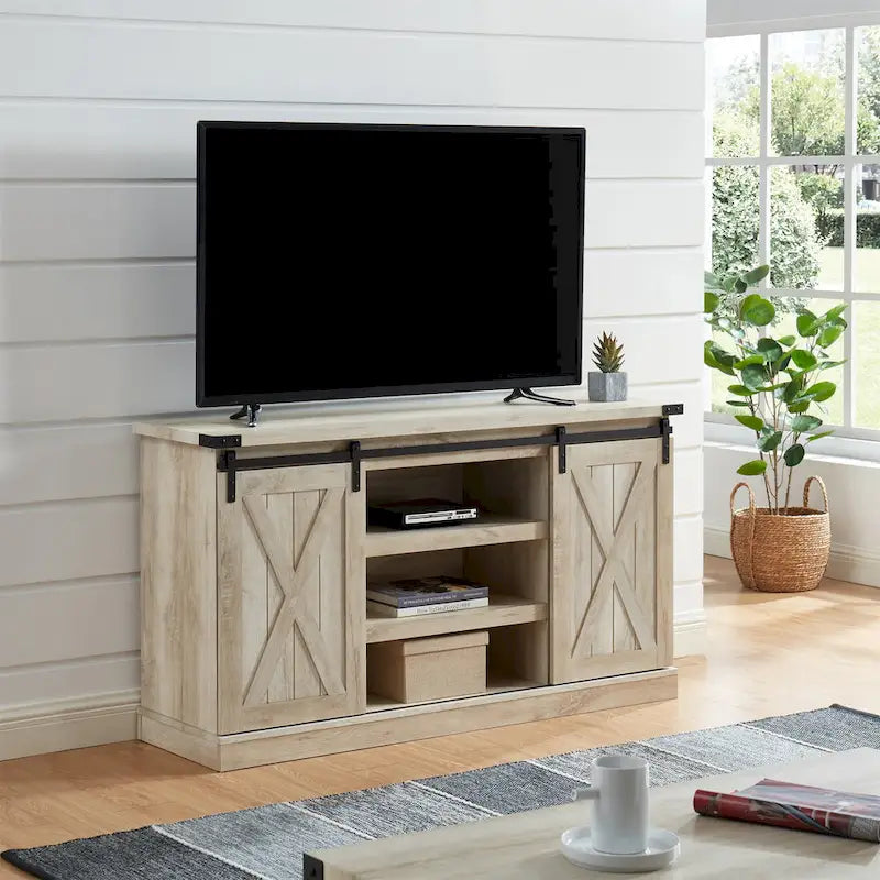 Meuble TV 54 pouces pour téléviseurs jusqu'à 60 pouces avec portes coulissantes style ferme