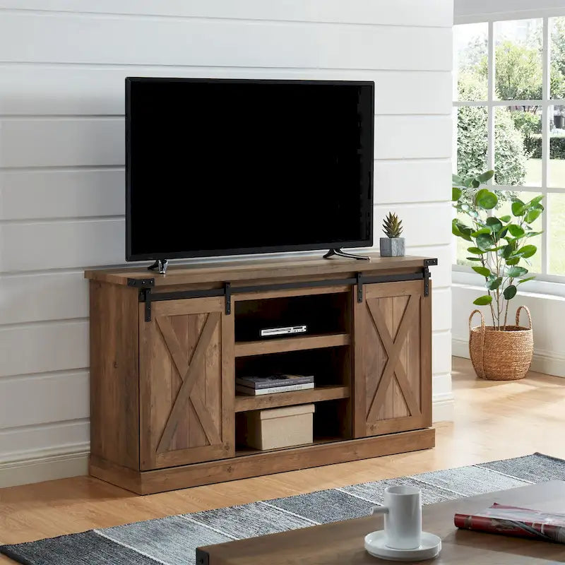 Meuble TV 54 pouces pour téléviseurs jusqu'à 60 pouces avec portes coulissantes style ferme