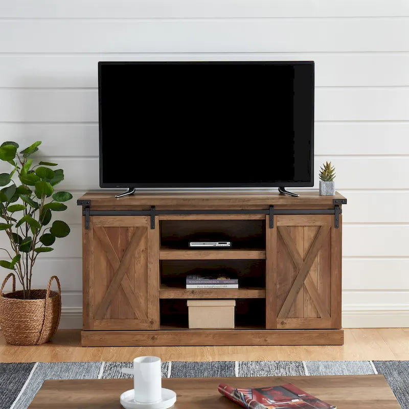 Meuble TV 54 pouces pour téléviseurs jusqu'à 60 pouces avec portes coulissantes style ferme