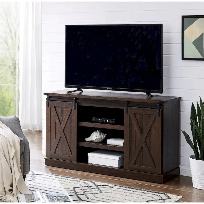 Meuble TV 54 pouces pour téléviseurs jusqu'à 60 pouces avec portes coulissantes style ferme