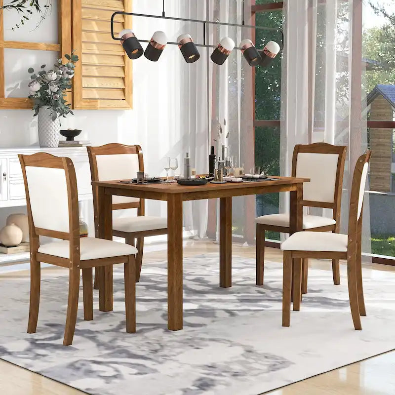 Ensemble de salle à manger 5 pièces en bois de style simple, table rectangulaire et chaises rembourrées pour petits espaces