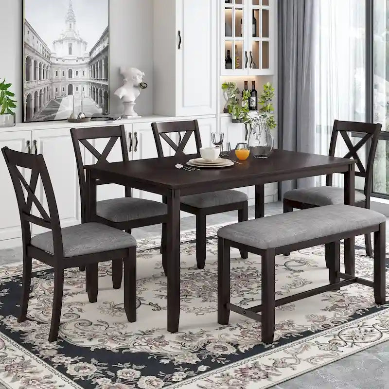 Ensemble de salle à manger 6 pièces en bois avec table, 4 chaises et un banc