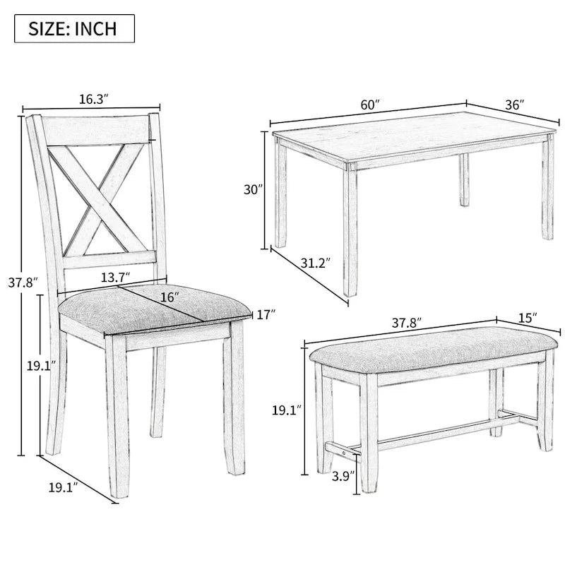 Ensemble de salle à manger 6 pièces en bois avec table, 4 chaises et un banc
