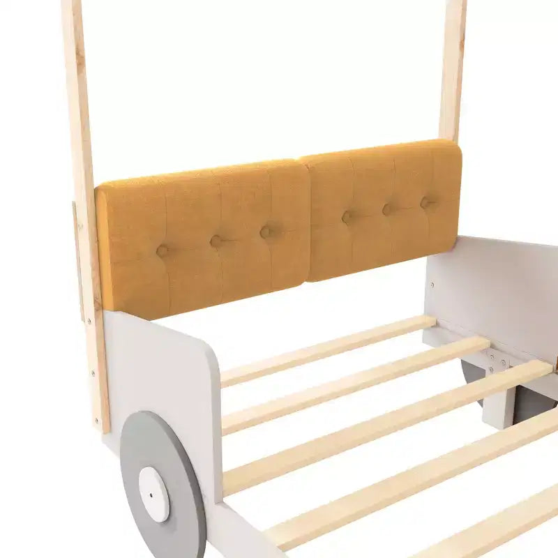 Lit de voiture Whisen Wood avec oreiller, tissu de plafond et LED - Naturel