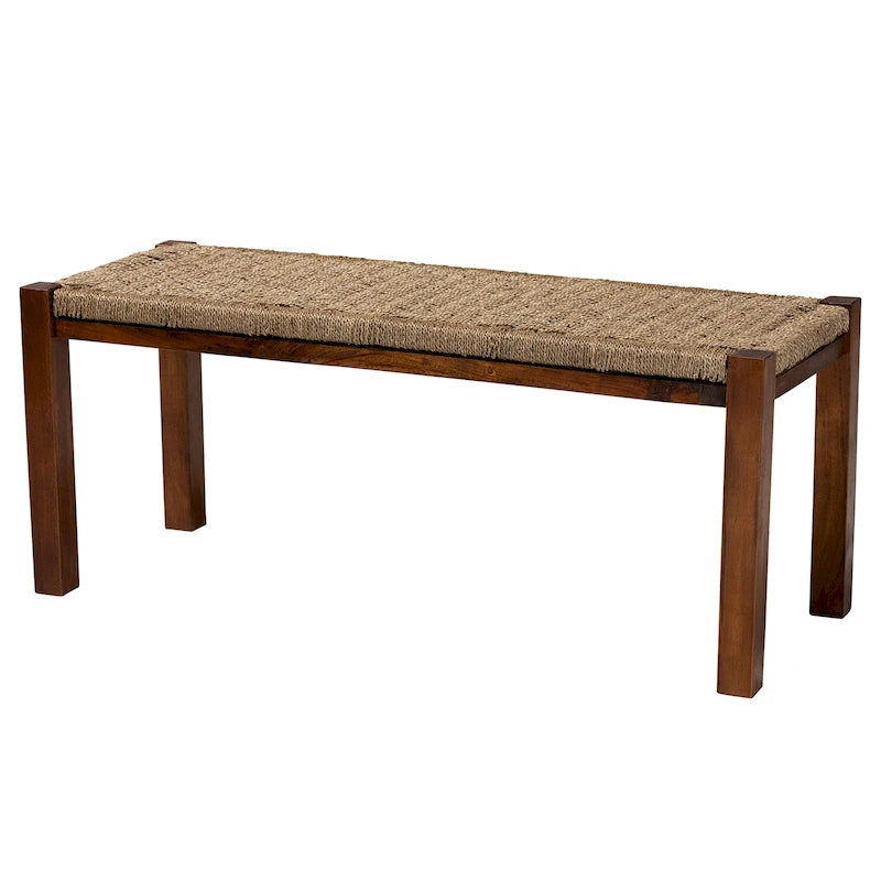 Banc Hermes de style Transitionnel Moderne du Milieu du Siècle en Herbes Marines Naturelles et Bois d'Acajou