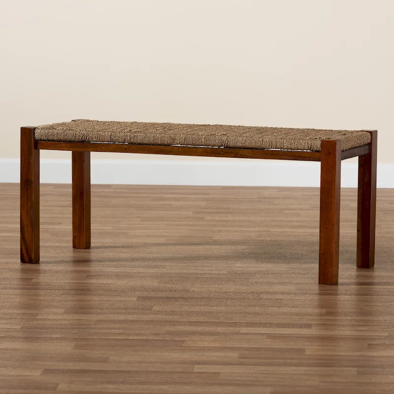 Banc Hermes de style Transitionnel Moderne du Milieu du Siècle en Herbes Marines Naturelles et Bois d'Acajou