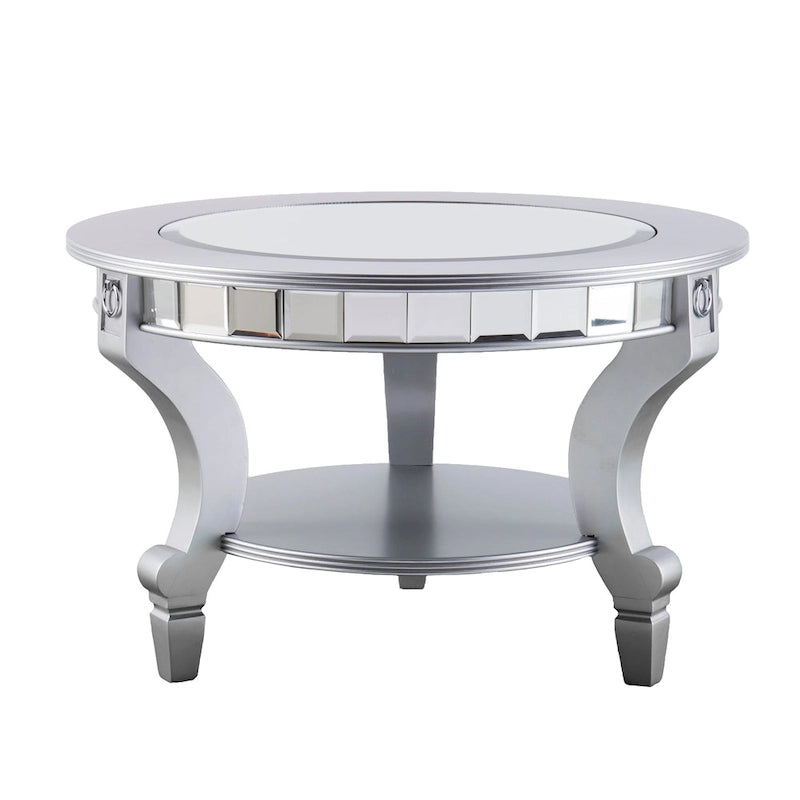 Table basse ronde Olivia contemporaine à miroir SEI Furniture en argent mat avec détails et étagère