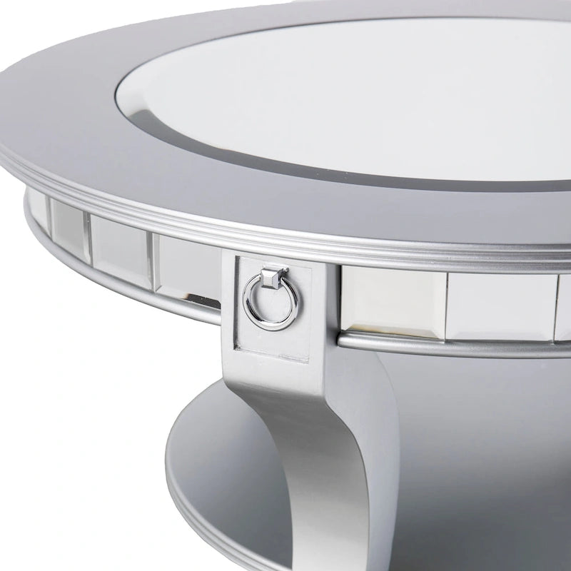 Table basse ronde Olivia contemporaine à miroir SEI Furniture en argent mat avec détails et étagère