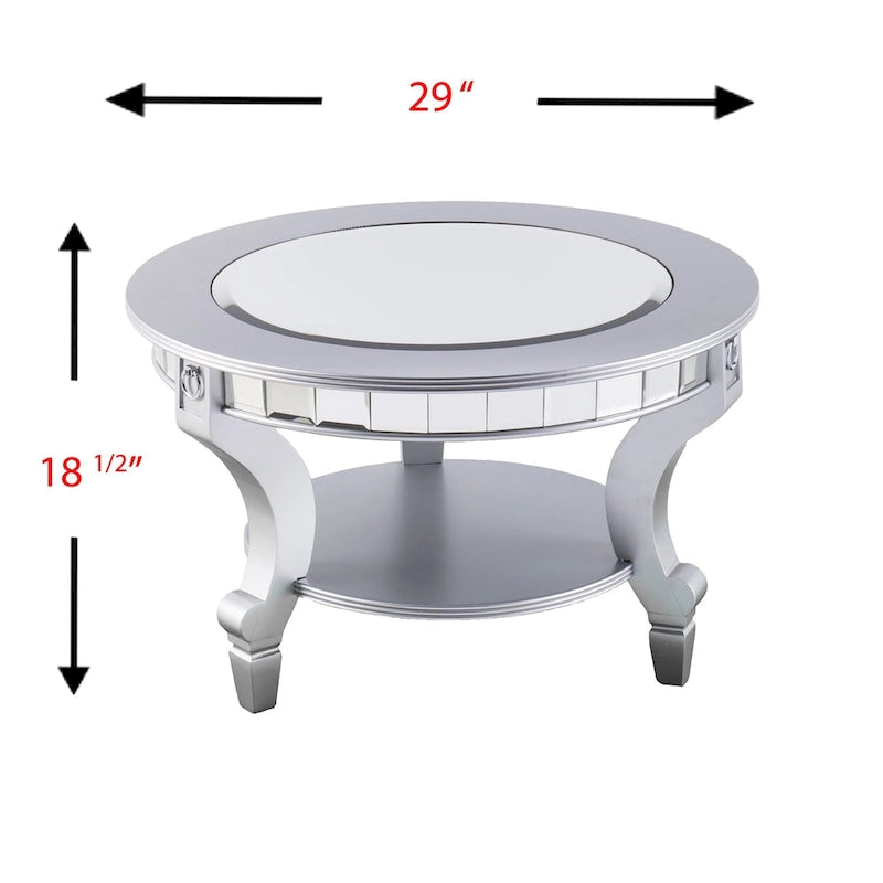 Table basse ronde Olivia contemporaine à miroir SEI Furniture en argent mat avec détails et étagère