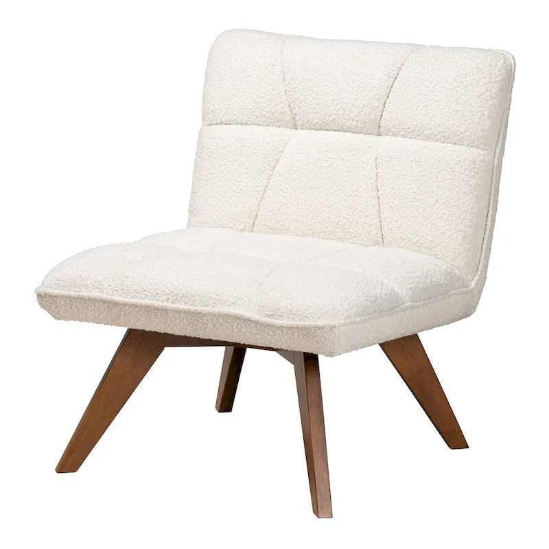 Fauteuil d'appoint Darielle Japandi en tissu bouclé crème et bois d'hévéa finition noyer
