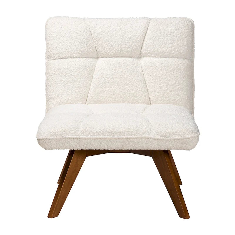 Fauteuil d'appoint Darielle Japandi en tissu bouclé crème et bois d'hévéa finition noyer