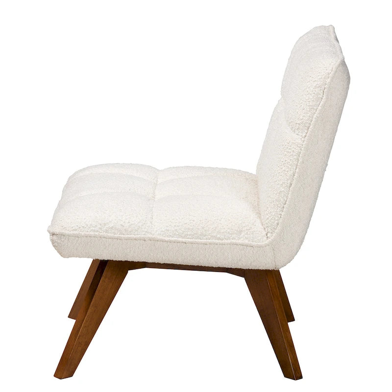 Fauteuil d'appoint Darielle Japandi en tissu bouclé crème et bois d'hévéa finition noyer