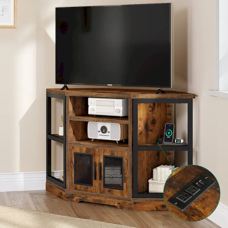 Meuble TV d'angle et console multimédia en bois avec porte en maille Moasis 47 pouces