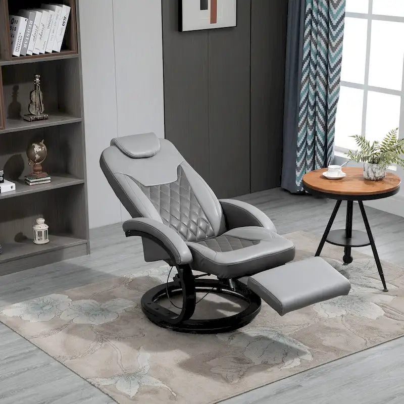 Fauteuil de relaxation HOMCOM en similicuir avec repose-pieds, appui-tête et base ronde en acier/bois pour salon ou bureau, gris