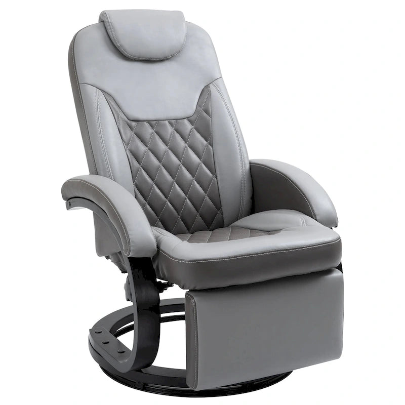Fauteuil de relaxation HOMCOM en similicuir avec repose-pieds, appui-tête et base ronde en acier/bois pour salon ou bureau, gris