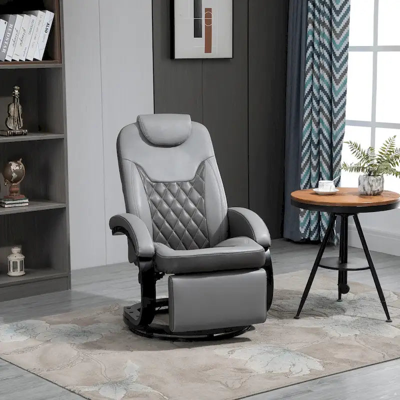 Fauteuil de relaxation HOMCOM en similicuir avec repose-pieds, appui-tête et base ronde en acier/bois pour salon ou bureau, gris