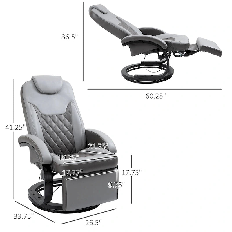 Fauteuil de relaxation HOMCOM en similicuir avec repose-pieds, appui-tête et base ronde en acier/bois pour salon ou bureau, gris