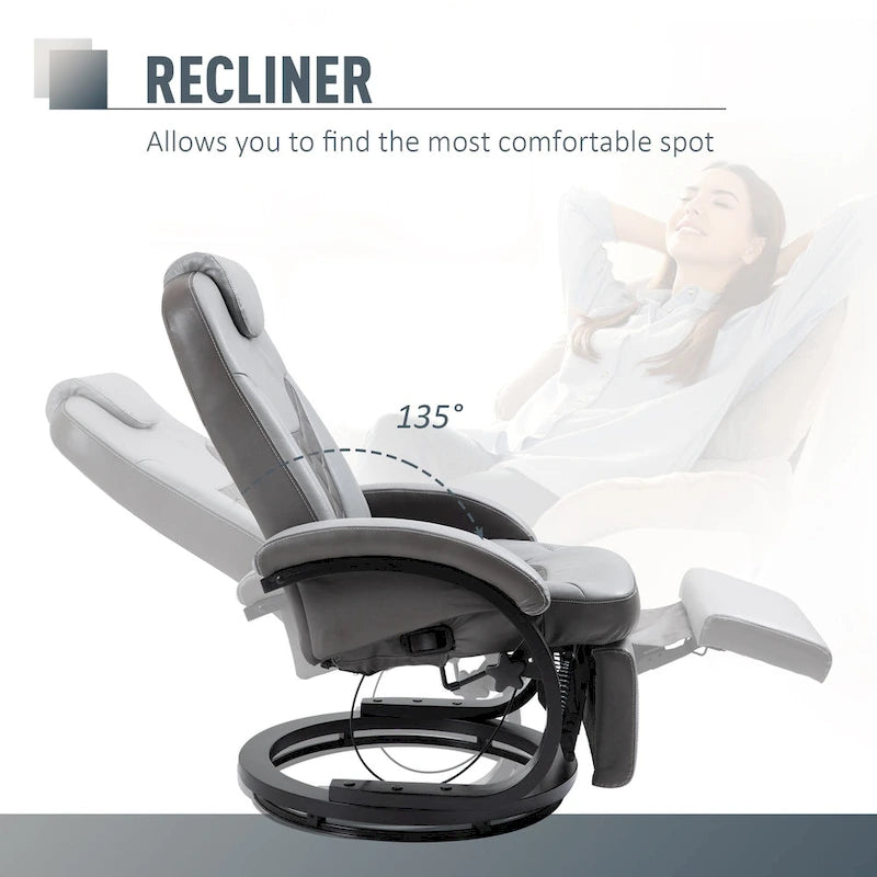 Fauteuil de relaxation HOMCOM en similicuir avec repose-pieds, appui-tête et base ronde en acier/bois pour salon ou bureau, gris