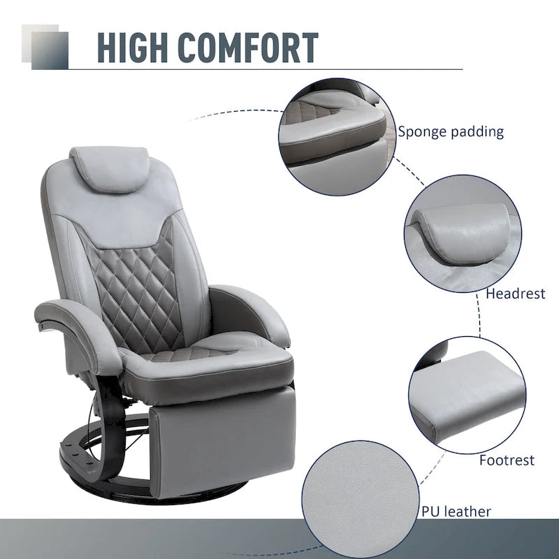 Fauteuil de relaxation HOMCOM en similicuir avec repose-pieds, appui-tête et base ronde en acier/bois pour salon ou bureau, gris