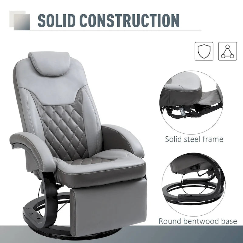 Fauteuil de relaxation HOMCOM en similicuir avec repose-pieds, appui-tête et base ronde en acier/bois pour salon ou bureau, gris