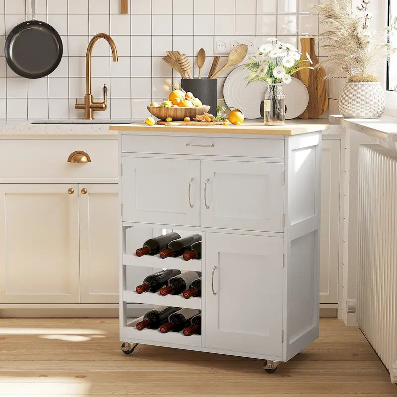Îlot de cuisine sur roulettes, chariot de cuisine roulant avec tiroir, casier à vin 9 bouteilles, placards de rangement, plan de travail en bois