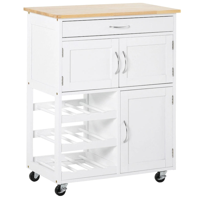 Îlot de cuisine sur roulettes, chariot de cuisine roulant avec tiroir, casier à vin 9 bouteilles, placards de rangement, plan de travail en bois