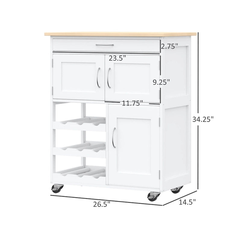 Îlot de cuisine sur roulettes, chariot de cuisine roulant avec tiroir, casier à vin 9 bouteilles, placards de rangement, plan de travail en bois