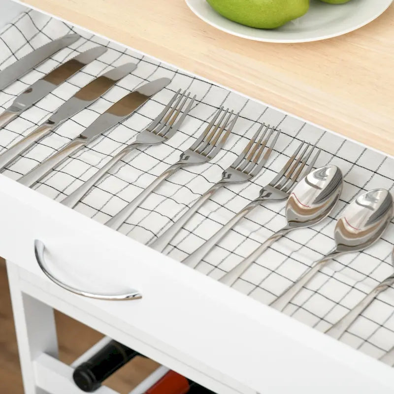 Îlot de cuisine sur roulettes, chariot de cuisine roulant avec tiroir, casier à vin 9 bouteilles, placards de rangement, plan de travail en bois