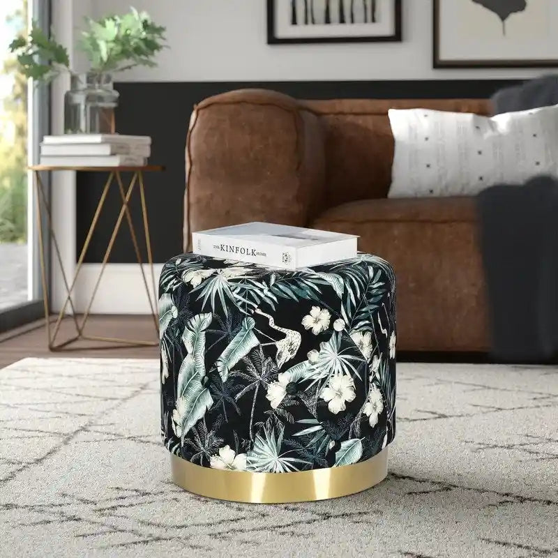 Pouffe repose-pieds rond en velours Adeco avec garniture dorée