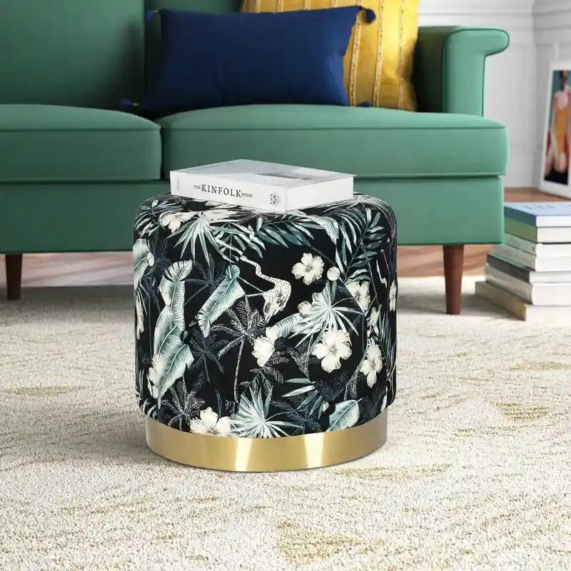 Pouffe repose-pieds rond en velours Adeco avec garniture dorée