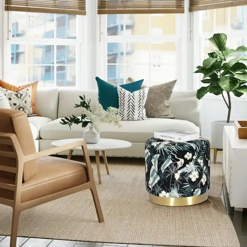Pouffe repose-pieds rond en velours Adeco avec garniture dorée