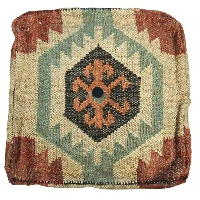Pouf ottoman rembourré en kilim fait à la main (Inde) - 16 x 16 x 16