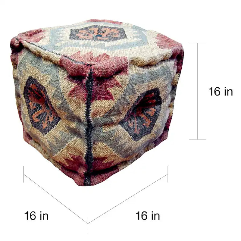Pouf ottoman rembourré en kilim fait à la main (Inde) - 16 x 16 x 16