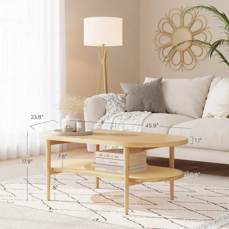 Table basse ovale à 2 niveaux Nathan James Sonia Bohemian en bois clair avec étagère de rangement en rotin