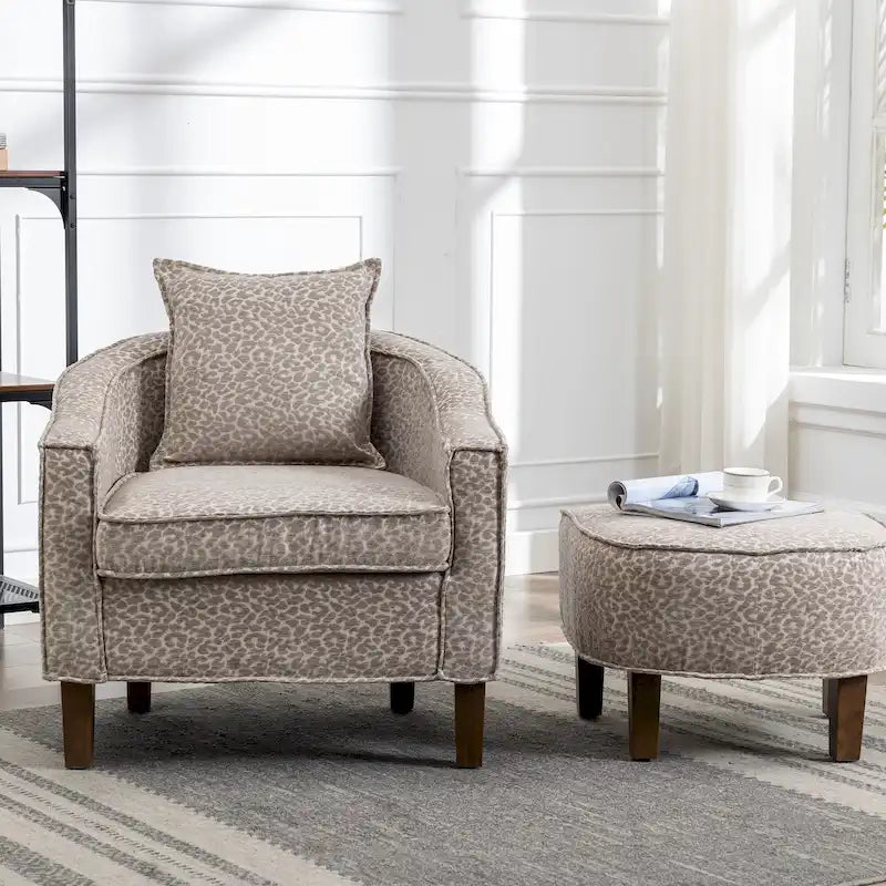 Fauteuil club mi-siècle en lin/polyester avec ottoman