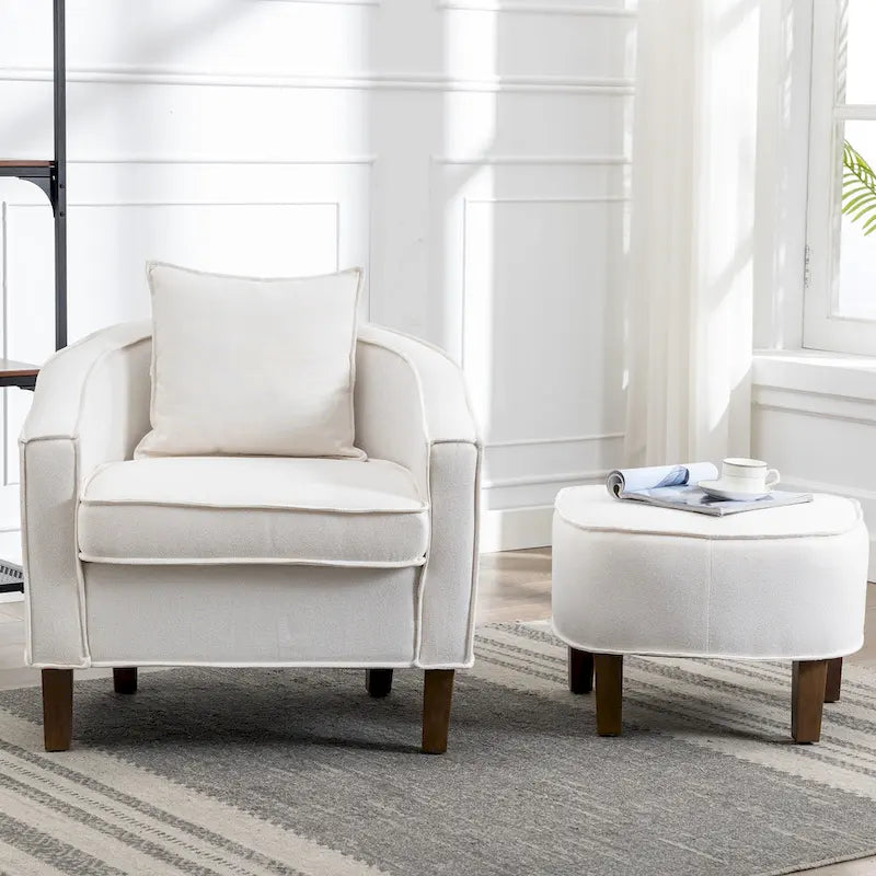 Fauteuil club mi-siècle en lin/polyester avec ottoman