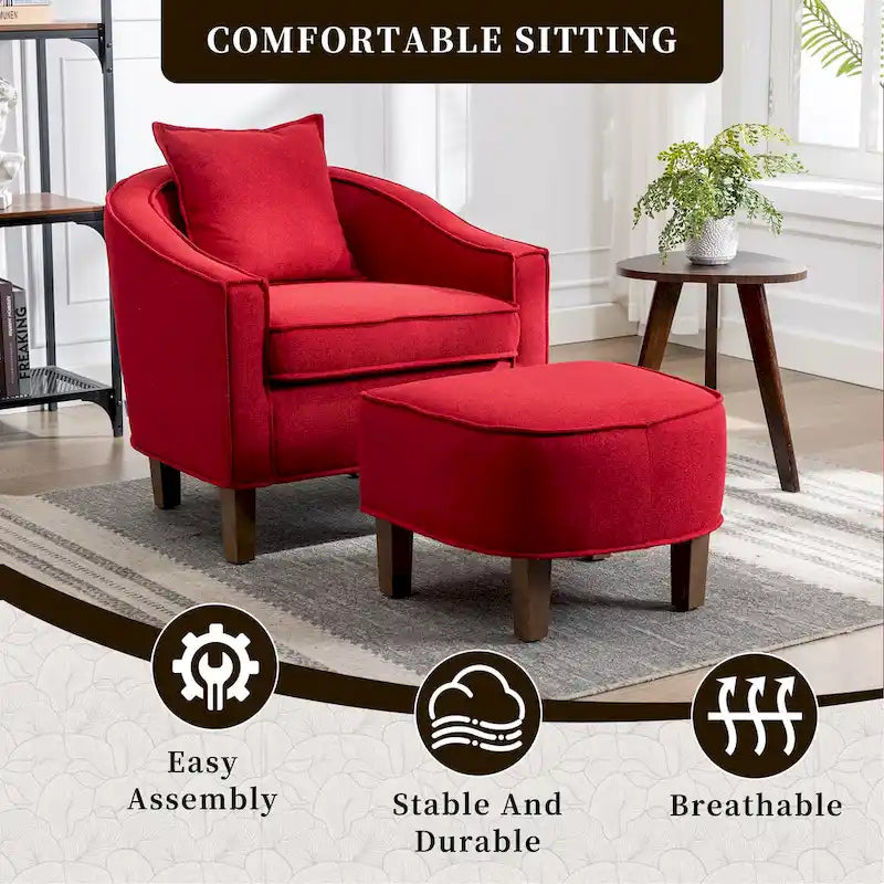 Fauteuil club mi-siècle en lin/polyester avec ottoman
