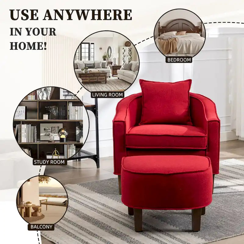 Fauteuil club mi-siècle en lin/polyester avec ottoman