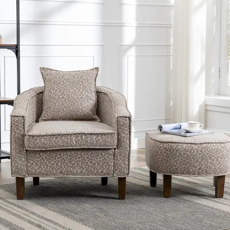 Fauteuil club mi-siècle en lin/polyester avec ottoman