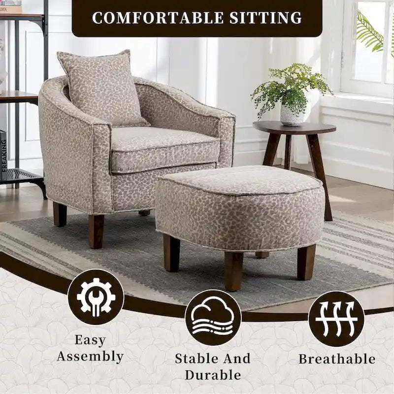 Fauteuil club mi-siècle en lin/polyester avec ottoman