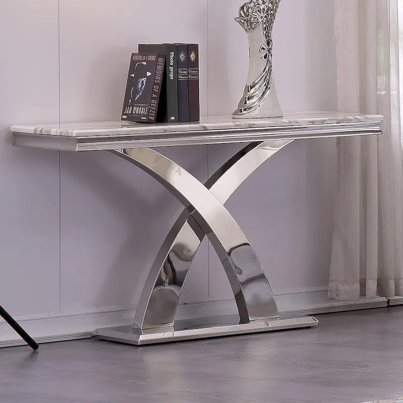 Console rectangulaire de 50 pouces avec piètement en X luxueux en acier inoxydable et plateau haute brillance