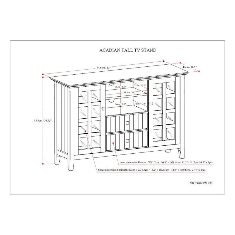 WYNDENHALL Normandy Meuble TV multimédia en bois massif de 134,6 cm de large pour téléviseurs jusqu'à 60 pouces