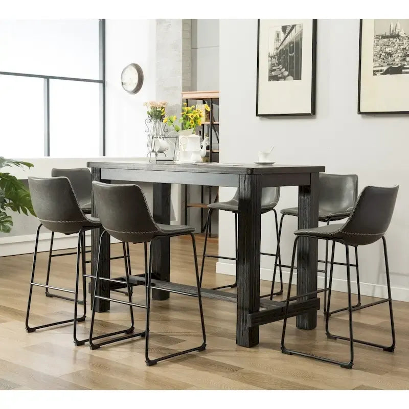 Table en bois noir antique 7 pièces Lotusville de Roundhill Furniture avec tabourets de bar en similicuir