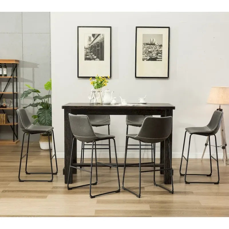 Table en bois noir antique 7 pièces Lotusville de Roundhill Furniture avec tabourets de bar en similicuir