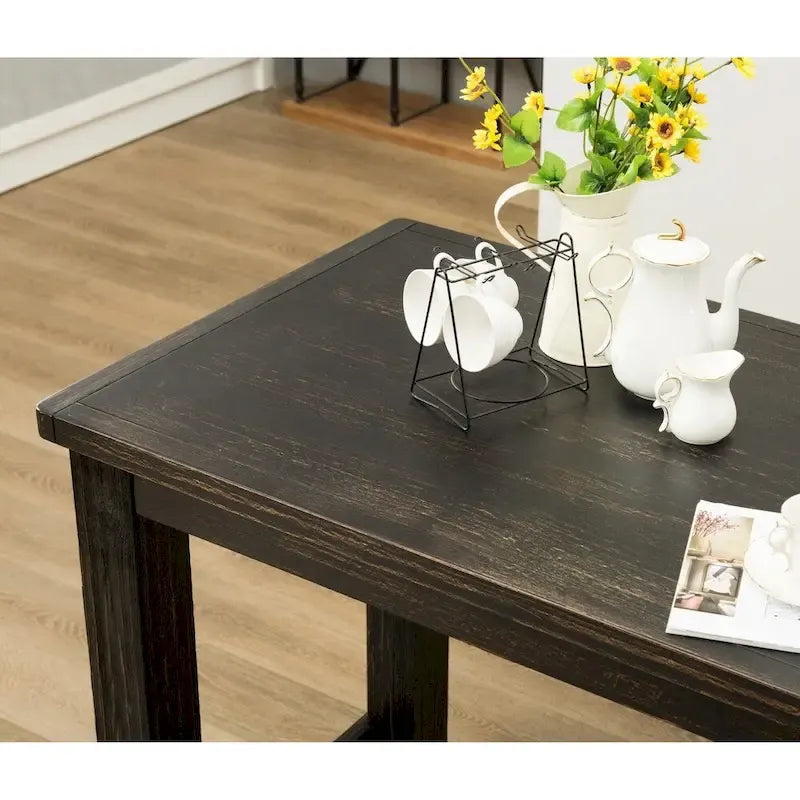 Table en bois noir antique 7 pièces Lotusville de Roundhill Furniture avec tabourets de bar en similicuir