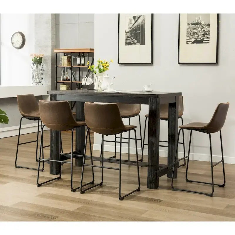 Table en bois noir antique 7 pièces Lotusville de Roundhill Furniture avec tabourets de bar en similicuir